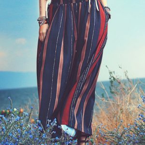 Coffee Boho Stripes Shirred Wide Leg Pants