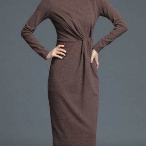 Coffee Cotton-blend Folds Casual Midi Dress