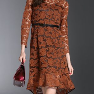 Coffee Crew Neck Guipure Lace Flounce 3/4 Sleeve Midi Dress