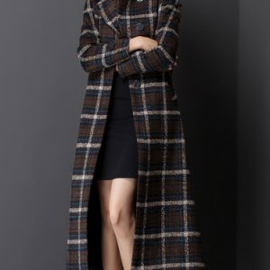 Coffee Long Sleeve A-line Plaid Pockets Woo-blend Coat