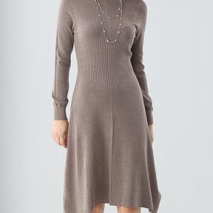 Coffee Plain Knitted A-line Casual Midi Dress