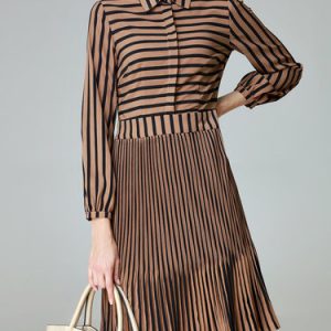 Coffee Pleated Flounce Elegant Stripes Midi Dress