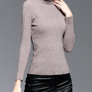 Coffee Sheath Turtleneck Simple Wool Blend Long Sleeved Top