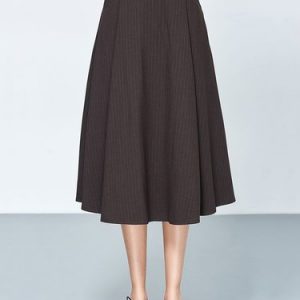 Coffee Simple Stripes A-line Folds Midi Skirt