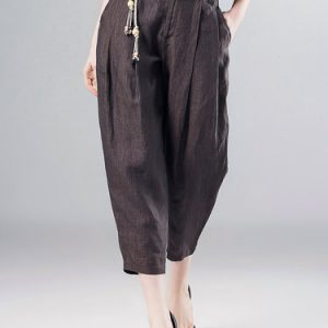 Coffee Solid Casual Linen Wide Leg Pants