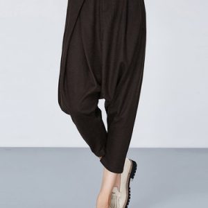 Coffee Solid Casual Wool Blend Track Harem Pants