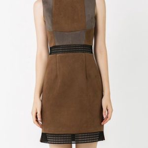 Coffee Suede Sleeveless Pierced Sheath Mini Dress