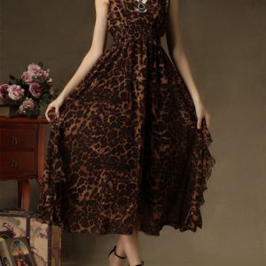 Coffee Swing Sleeveless Leopard Print Vintage Maxi Dress