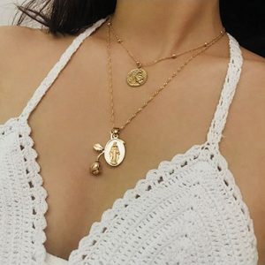 Coin Pendant Gold Metal Layered Necklace - One Size