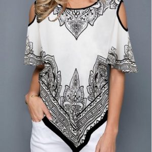 Cold Shoulder Asymmetric Hem Printed T Shirt - L