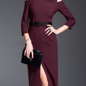 Cold Shoulder Slit Elegant Sheath Solid Midi Dress