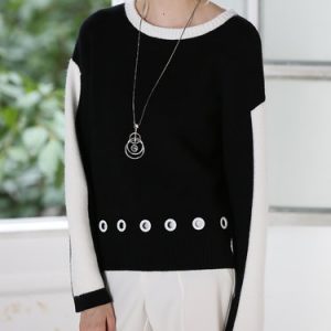 Color Block Knitted Lace-up Casual Long Sleeved Top