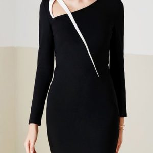 Color-block Bodycon Long Sleeve Simple V Neck Mini Dress