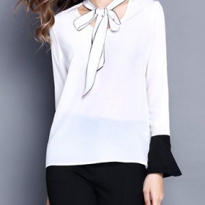 Color-block H-line Bell Sleeve Silk Bow Blouse