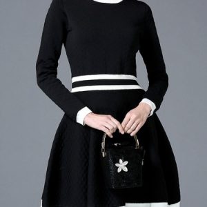 Color-block Knitted A-line Long Sleeve Sweater Dress