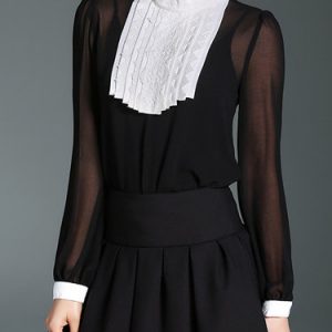 Color-block Long Sleeve Casual Stand Collar Blouse with Camis