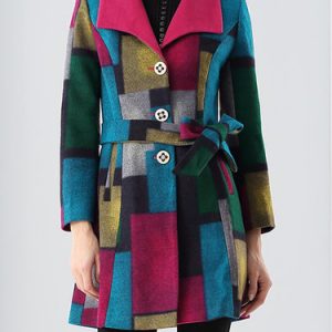 Color-block Long Sleeve Checkered H-line Coat with Belt