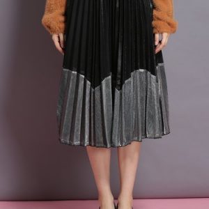 Color-block Pleated Casual Cotton-blend Midi Skirt