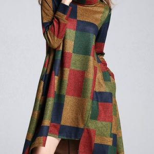 Color-block Pockets Checkered Turtleneck Midi Dress with Belt