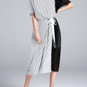 Color-block Short Sleeve Stripes Casual Midi Dress with Belt