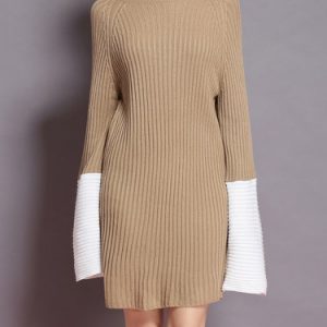 Color-block Turtleneck Casual Sheath Sweater Dress