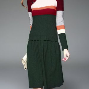 Color-block Two Piece Knitted Buttoned Casual Midi Dress