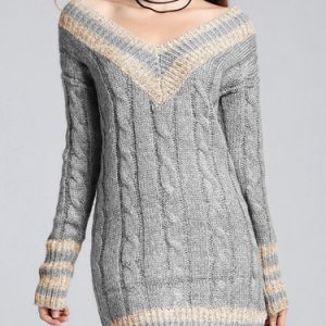 Color-block V Neck Sexy H-line Sweater Dress