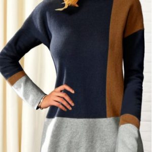 Contrast Panel Long Sleeve Pullover Sweater - L