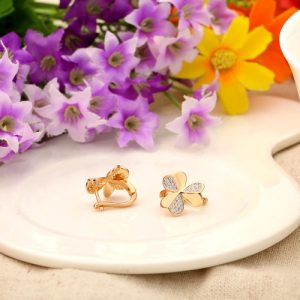 Copper Alloy 18K Rose Gold Plated 3-leaf Clover Zircon Stud Earring Jewelry Gift for Women Lady