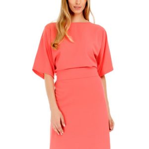 Coral Solid Crew Neck H-line Half Sleeve Midi Dress with Belt