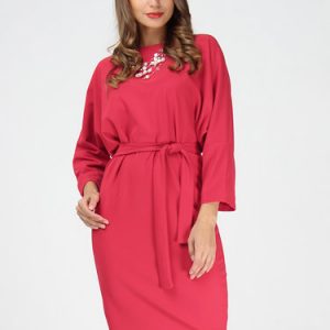 Coral Solid Simple H-line Jersey Midi Dress with Belt