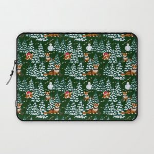 Corgis in the winter mountains - green pattern Computer Cover by Bear & Mouse - Cute4Kids - Laptop Sleeve - 13"