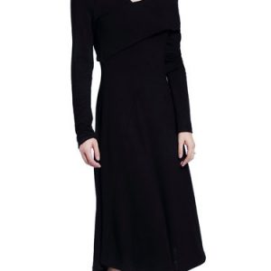 Cotton Long Sleeve V Neck A-line Elegant Midi Dress