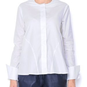 Cotton White Long Sleeve Crew Neck Solid Blouse