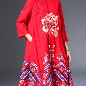 Cotton-blend 3/4 Sleeve Vintage Floral-embroidered Midi Dress