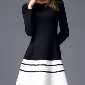 Cotton-blend A-line Simple Color-block Long Sleeve Midi Dress