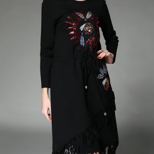 Cotton-blend Casual Fringed Long Sleeve Midi Dress