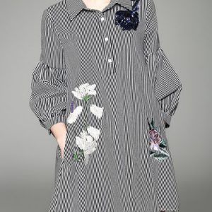 Cotton-blend H-line Shirt Collar 3/4 Sleeve Casual Shirt Dress