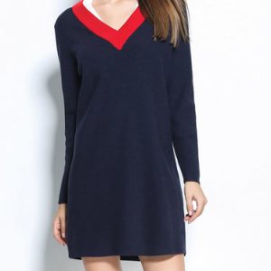 Cotton-blend Long Sleeve Casual Color-block Mini Dress