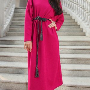 Cotton-blend Simple Long Sleeve Shift Midi Dress