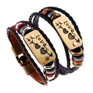 Couple Punk Cow Leather PU Woven Alloy Stone Mandrel Bracelet