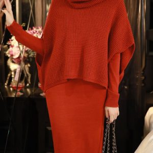 Cowl Neck Elegant Two Piece Knitted Midi Dress