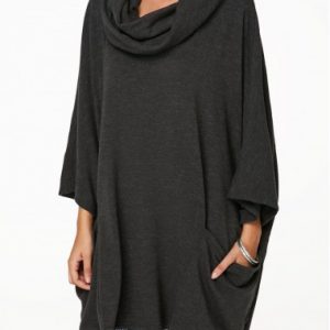 Cowl Neck Pocket Dark Grey Tunic Sweatshirt - M