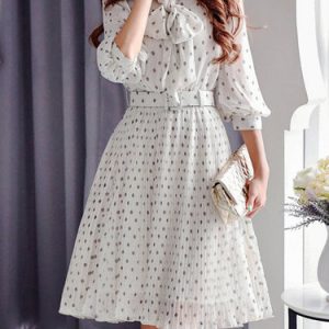 Cream Chiffon A-line Balloon Sleeve Midi Dress with Belt