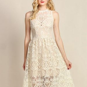 Cream Crew Neck Sleeveless Pierced Lace Midi Dress