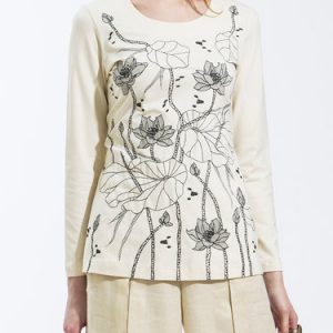 Cream Embroidered Crew Neck Casual Plus Size Long Sleeved Top