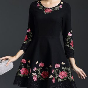 Crew Neck Casual Long Sleeve Floral Embroidered Mini Dress