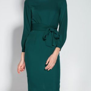 Crew Neck Elegant Solid Polyester Midi Dress with Pockets