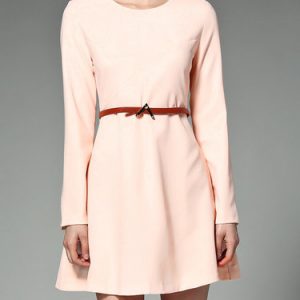 Crew Neck Long Sleeve A-line Cotton-blend Simple Mini Dress with Belt