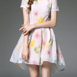 Crew Neck Short Sleeve Floral-print Girly Mini Dress